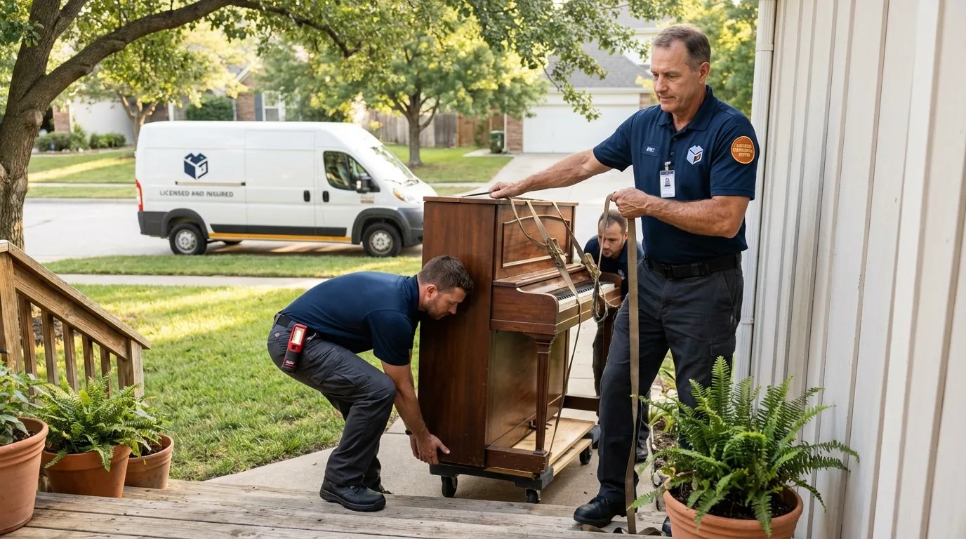 Licensed piano movers securing grand piano in Azle, TX