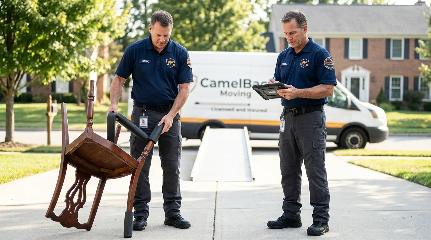 Movers inspecting furniture for damage prevention before loading in Azle, TX